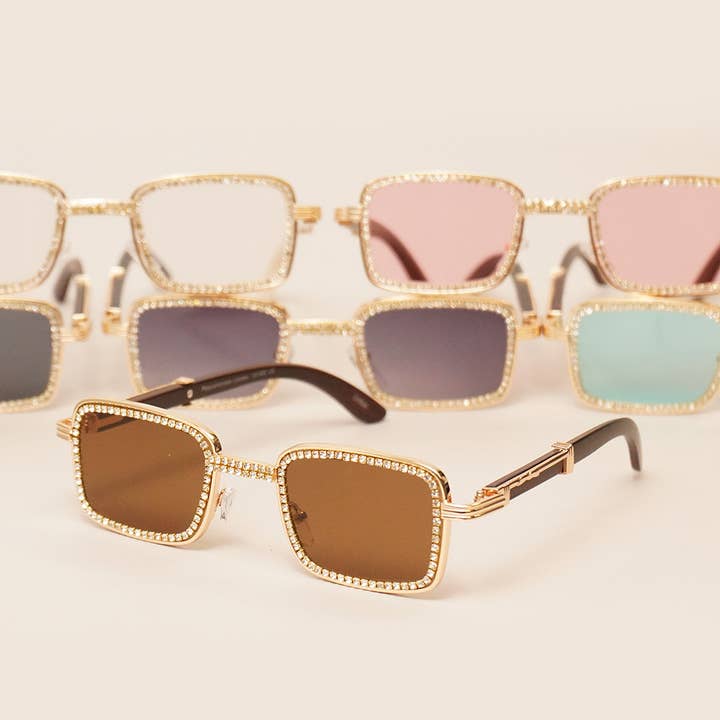 ASSORTED COLOR Rectangular Rhinestone Infused Metal Sunglasses for wholesale on Faire1