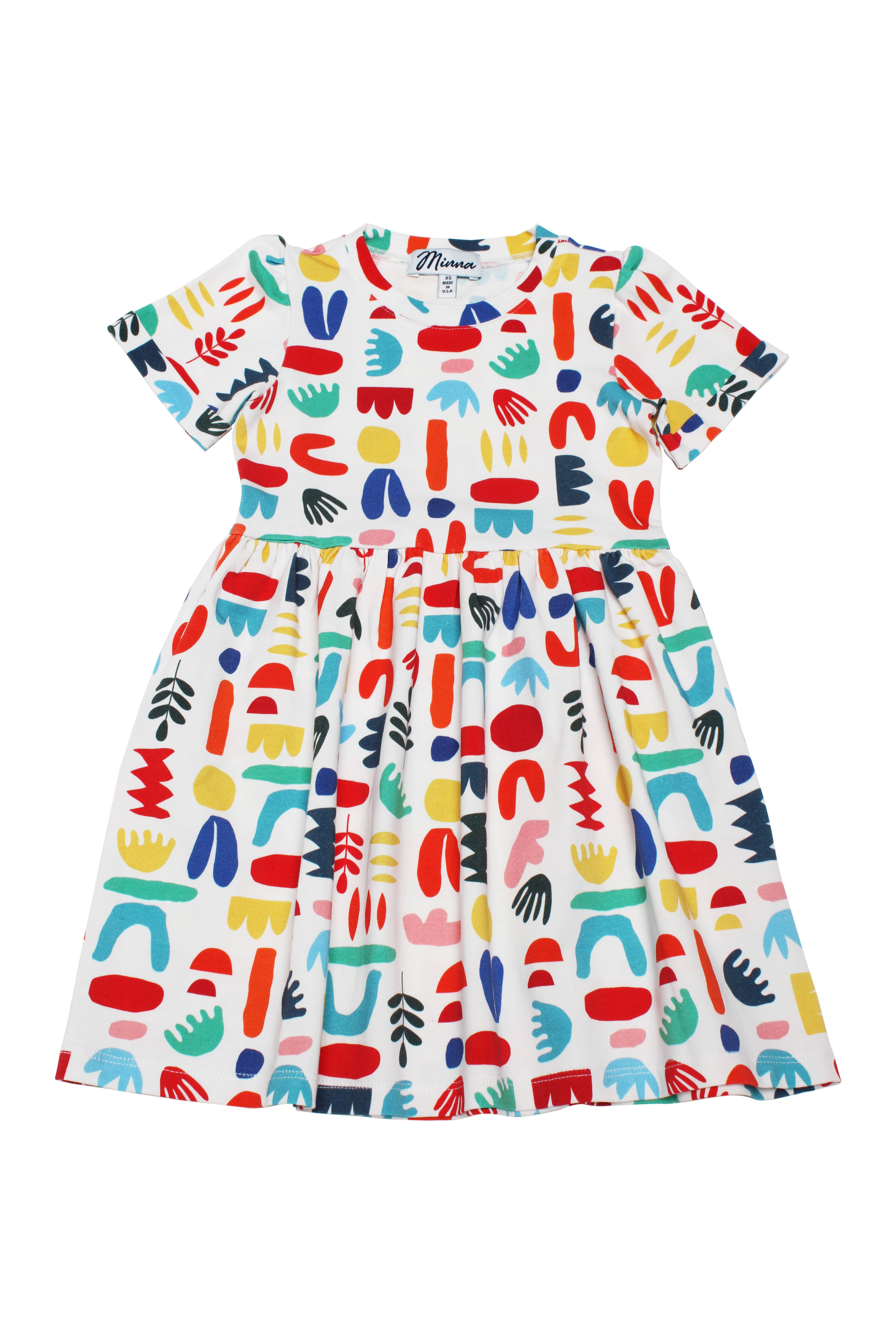 Minna - Wholesale Dress - Kids -  Short Sleeve Jersey Twirl Dress - Colorful Retro Shapes7
