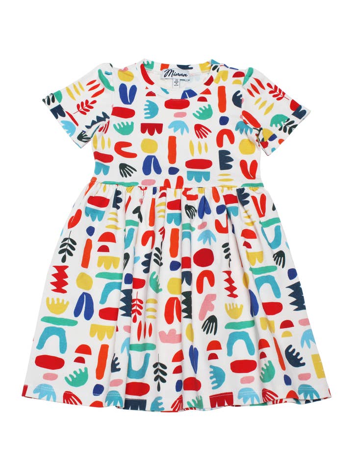 Minna - Wholesale Dress - Kids - Short Sleeve Jersey Twirl Dress - Colorful Retro Shapes7