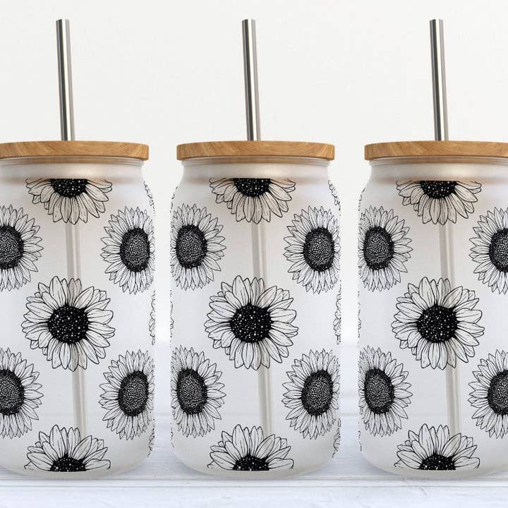 Black Sunflowers 16oz Libby Glass Tumbler for wholesale by Kate Haven Glass Tumblers for Every Occasion