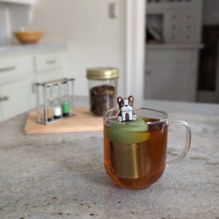 Float2infuse Tea Infuser – wholesale Tea strainer/infuser – Terrier | Floating Tea Steeper | Green Base | Brown Dog2