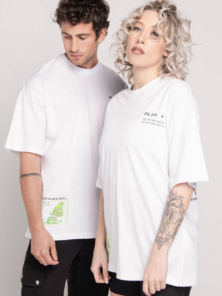 T-shirt Coupe Ample avec Imprimés "Life" Blanc pour la vente par AARHON