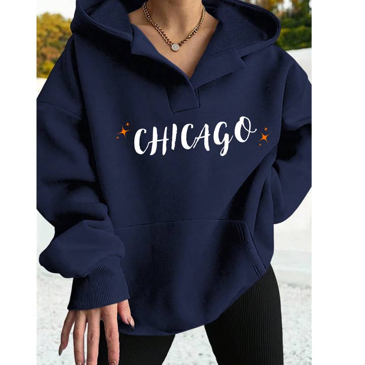 Chicago Navy Oversized Hoodie w/ Star Design Chicago Apparel for wholesale by Elby Designs Apparel