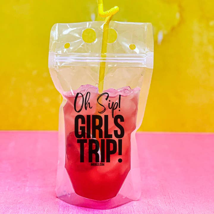 InBooze - Wholesale Drink Huggers & Koozies - Reusable Drink Pouch - Oh Sip, Girls Trip! - 8 Pack + Straws