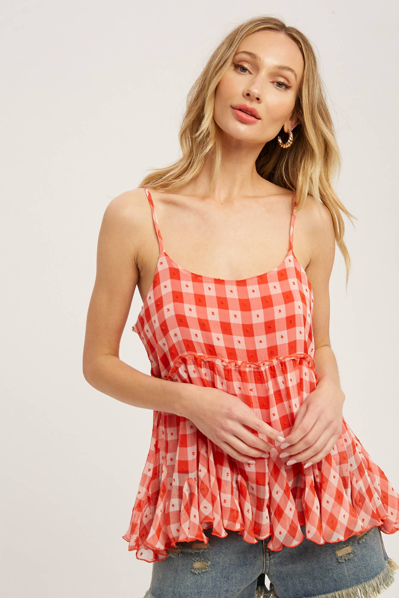 Bluivy – Top interior – Mulher por atacado – CAMI DE BAINHA DE BABADO DE CHIFFON XADREZ1