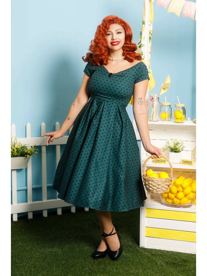 Dolly & Dotty - Wholesale Dress - Women's - 50s-Style Off Shoulder Polka Dot Swing Dress in Olive Green
