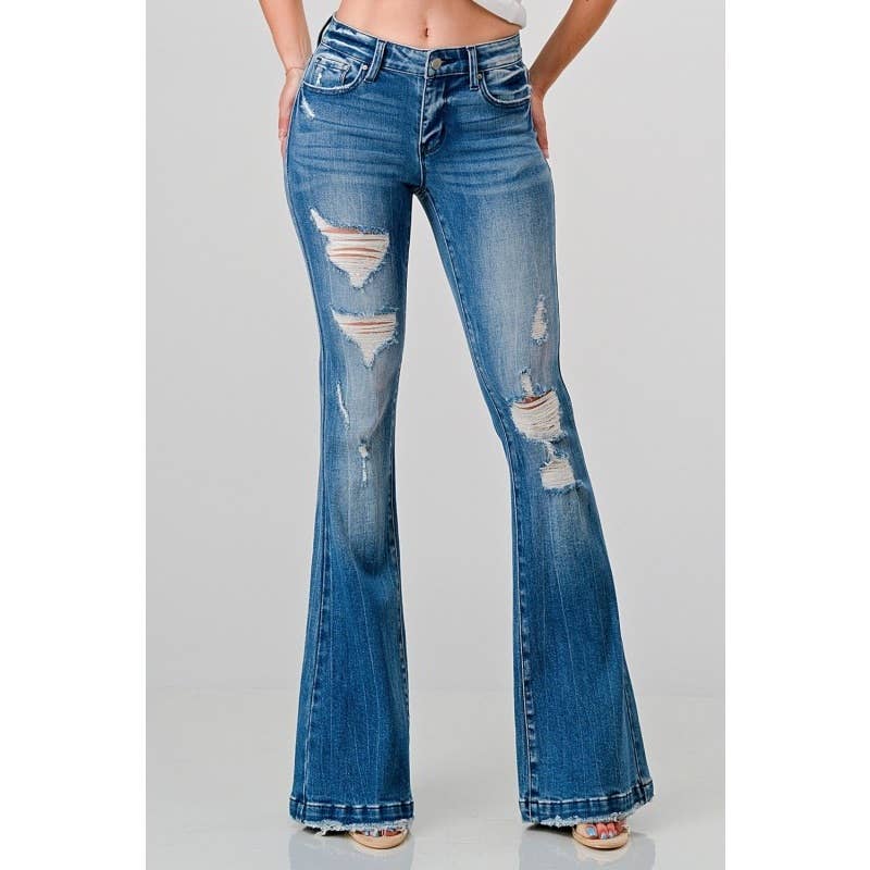GEMIDDELDE Petite Mid Rise Stretch Tie Flare Jeans -open Pack voor groothandel op Faire3