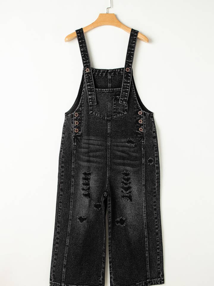 Black Denim Distressed Bib Pocket Overall for wholesale on Faire