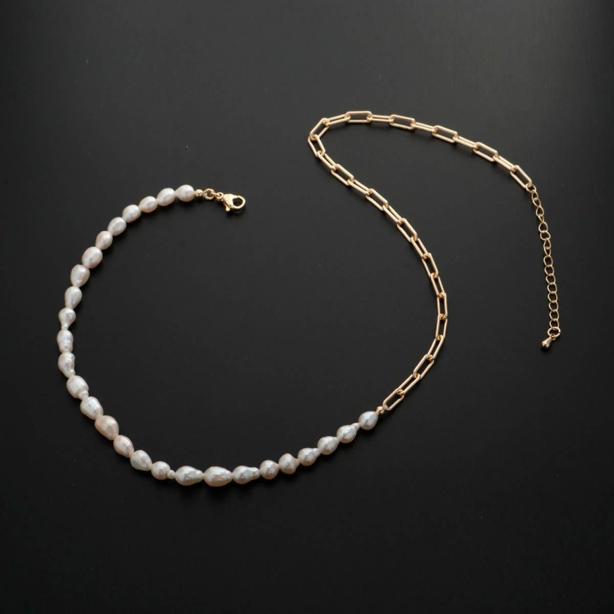 Aim Eternal - Wholesale Beaded/pearl necklace - 18k Gold Filled Freshwater Pearl Half Chain Necklace Paper Clip Link 16 inch + 2" extender Length Handmade Minimalist Jewelry | WA-331 Clearance Pricing2
