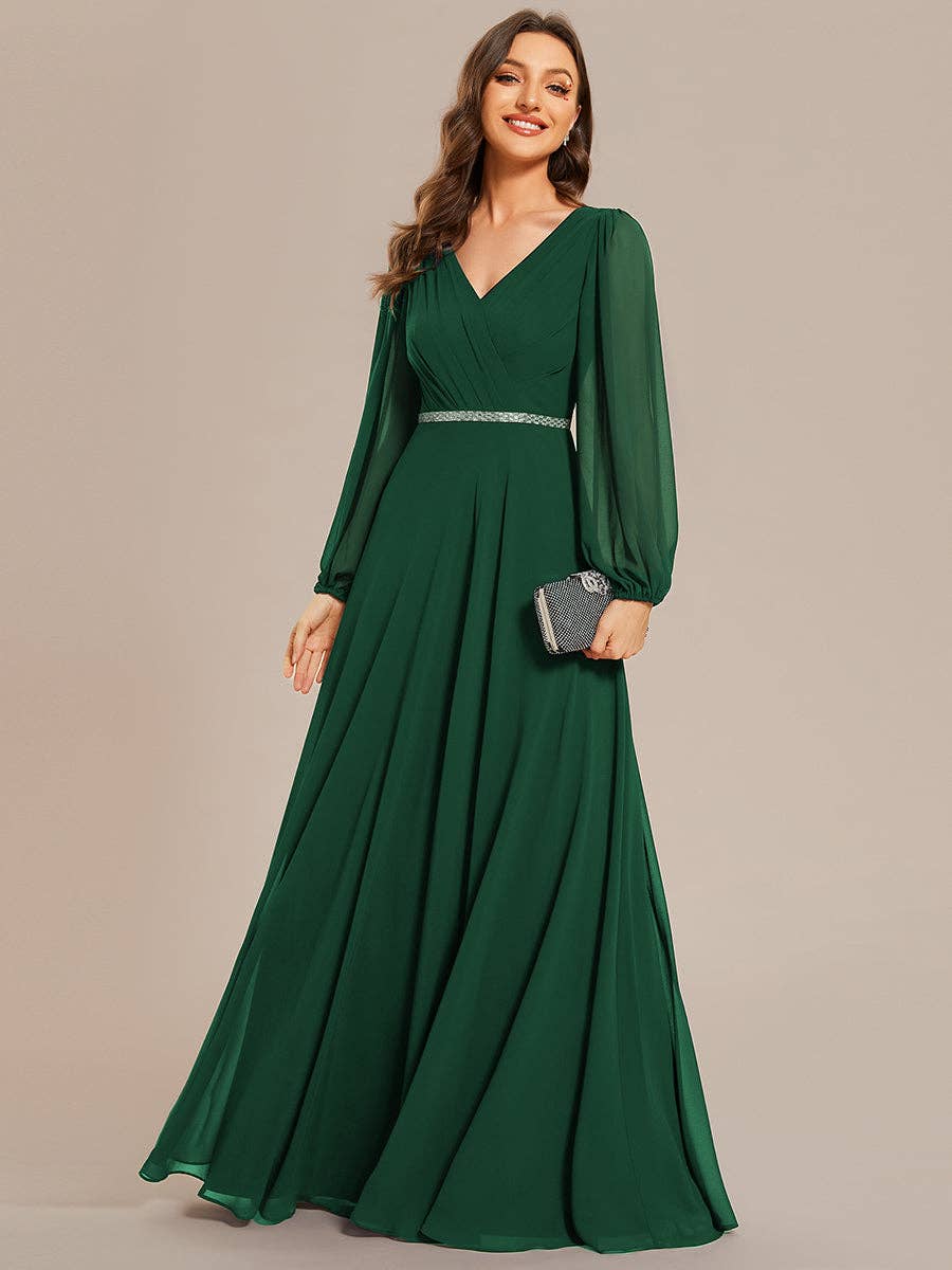 Ever-Pretty - Wholesale Gown - Women's - Elegant waisted chiffon V-neck Long Sleeve guest Dress27