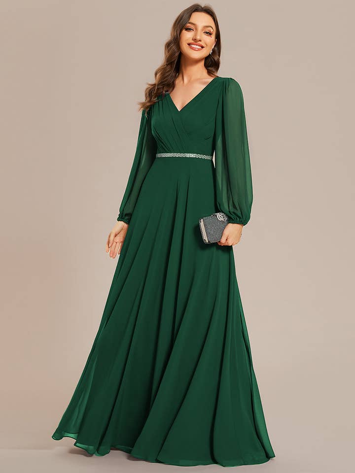 Ever-Pretty - Wholesale Gown - Women's - Elegant waisted chiffon V-neck Long Sleeve guest Dress27