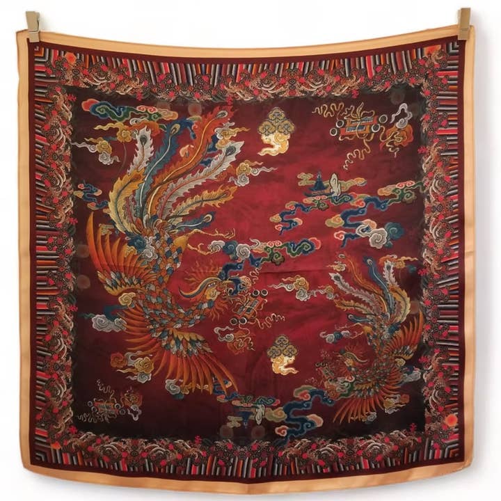 53cm Mulberry Silk Scarf – Dragon & Phoenix Oriental Motif Small Square Silk Bandana for wholesale by SueSilkHK