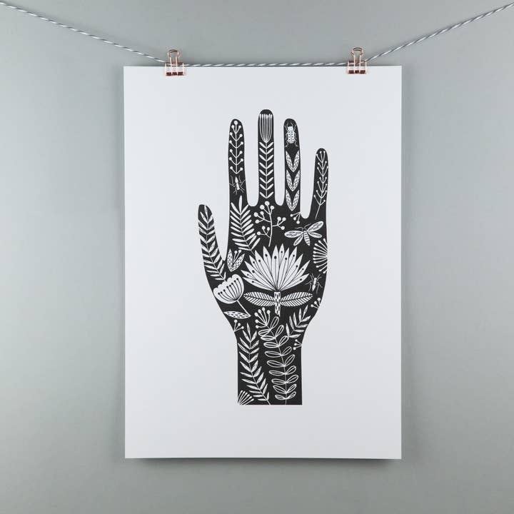 A3 art print - henna pattern hand, black and white design for wholesale by Maggie Magoo Designs