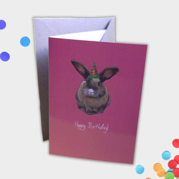 “Hoppy Birthday” Rabbit Birthday Card for wholesale by Silly Goose Designs