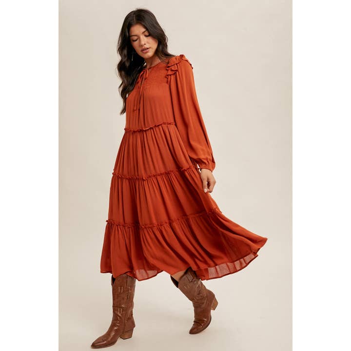 SMOCKED YORK TIERED LONG SLEEVE MIDI DRESS for wholesale by Apolline