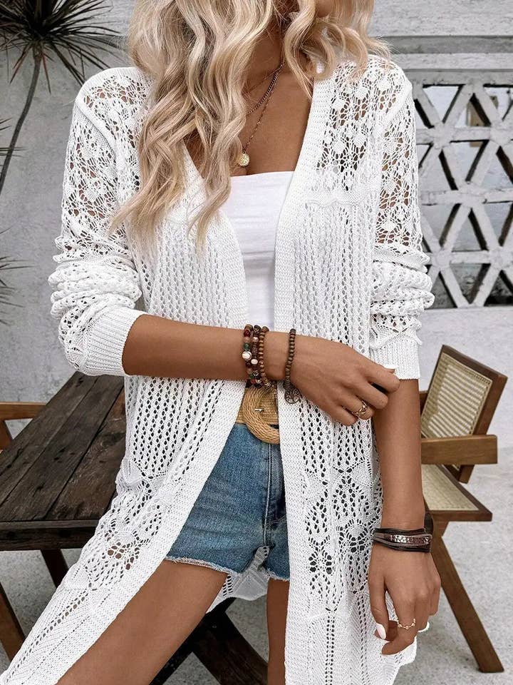 chic white crochet open front cardigan for wholesale by StyleGalX