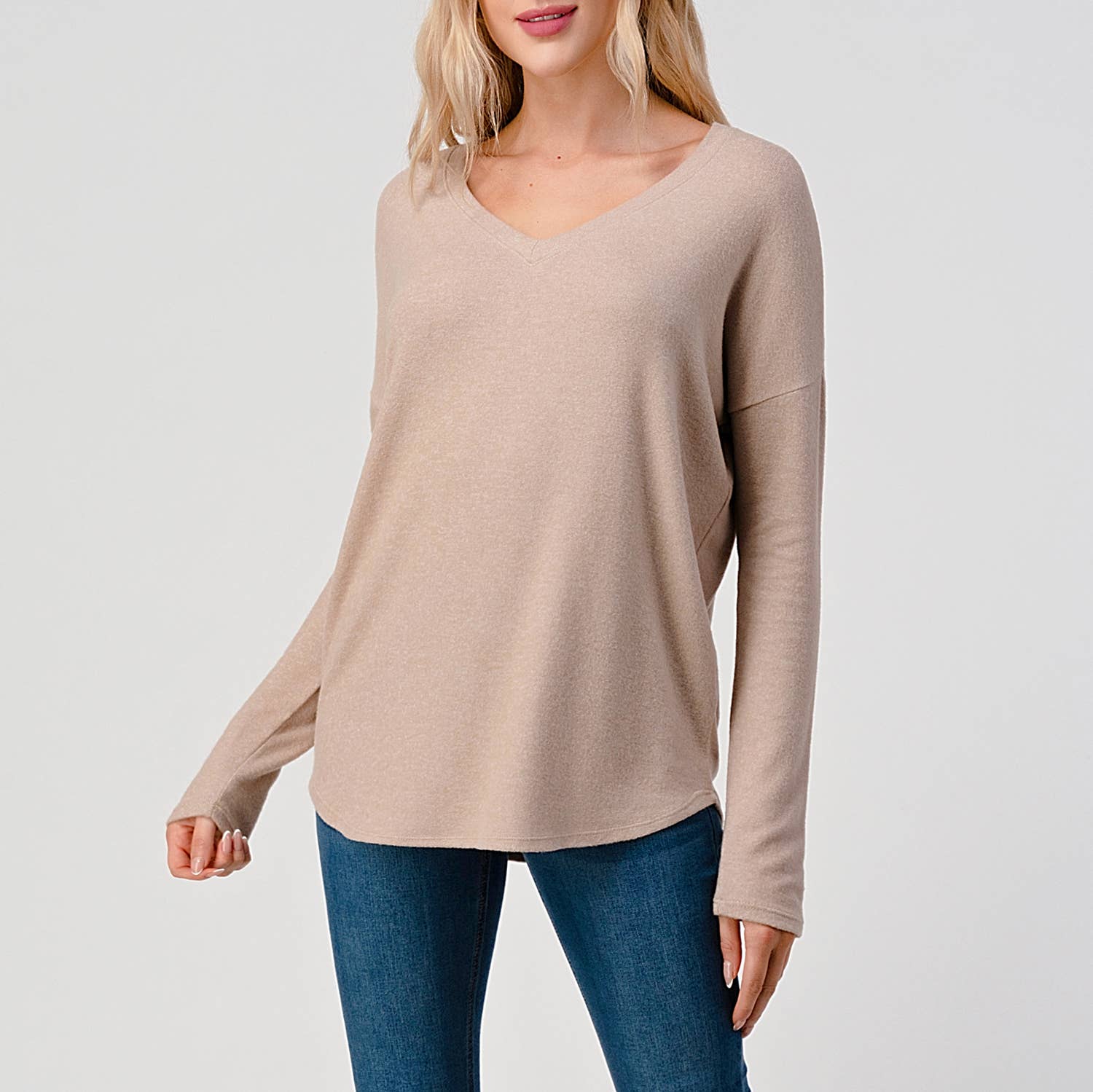 Heimious - Wholesale Knit Top - Women's - Long Sleeve V-neck Brushed Knit Top, 273815
