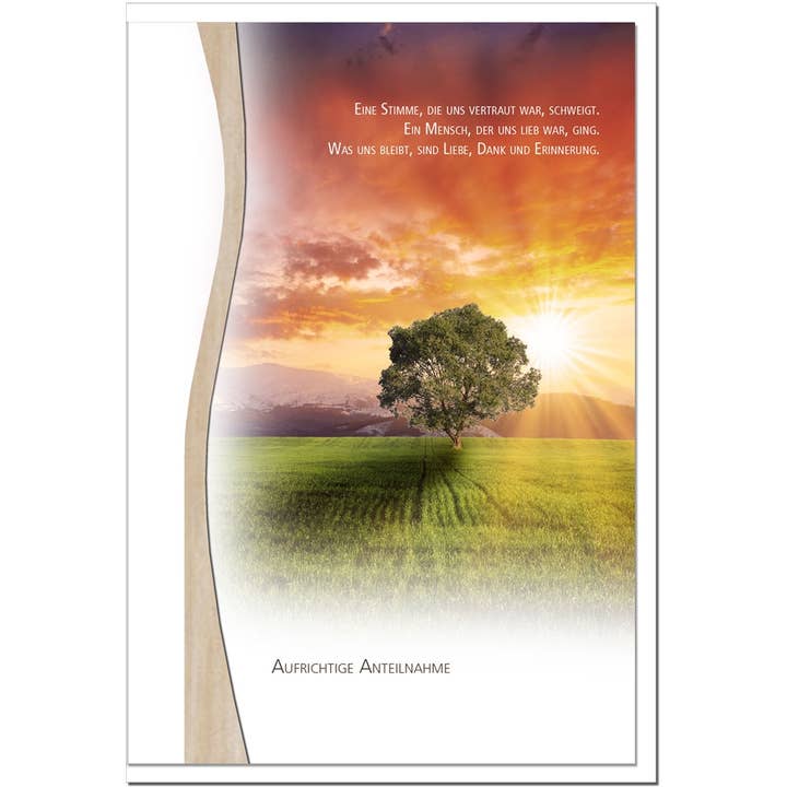 metALUm kondolencekort B6 – Træ i sollys – En stemme, der var os bekendt – med trædekoration for engroshandel hos metALUm