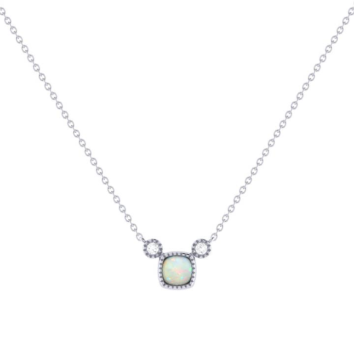Cushion Cut Opal & Diamond Birthstone Necklace In 14K White Gold for wholesale by LuvMyJewelry (LMJ)