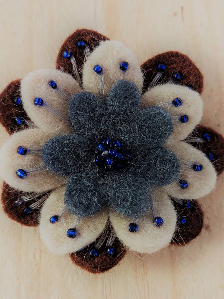 Felt Flower Brooch with Glass Bead Detailing for wholesale by Cool Trade Winds