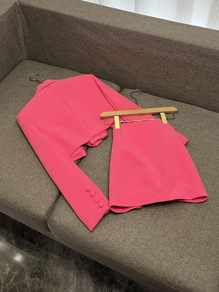 Sanyao Fashion - Wholesale Suit Set - Women's - SY396 Pink Suit with Diamond Bow Decor and Short Hip Skirt 2