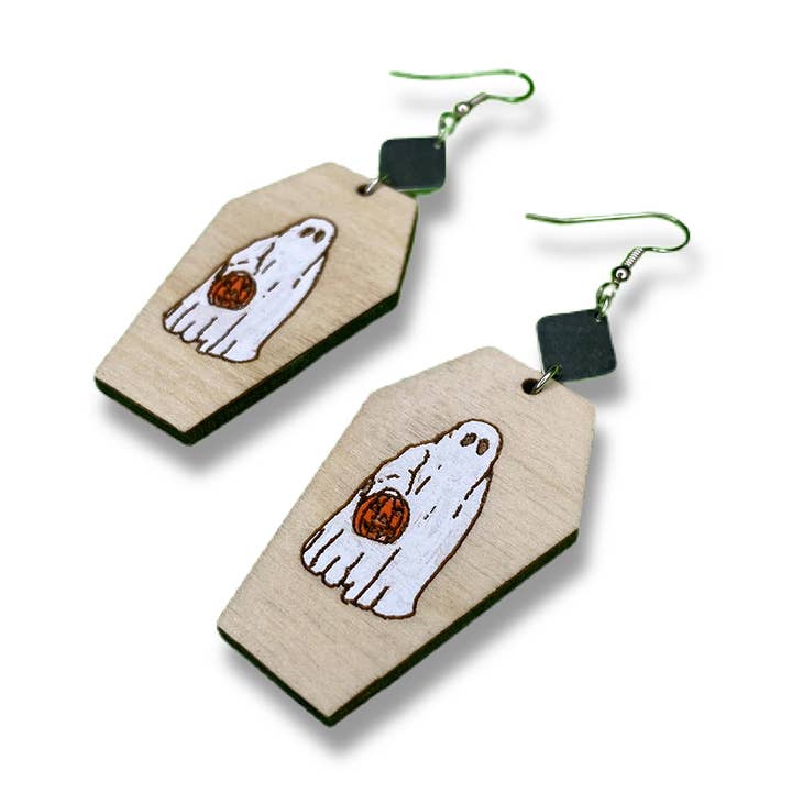Wood Sheet Ghost Dangle Earrings for wholesale by Brave Wimp