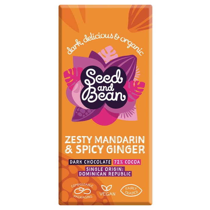 MANDARIN & GINGER EXTRA DARK CHOCOLATE 75G BAR (72% COCOA) for wholesale by Seed & Bean