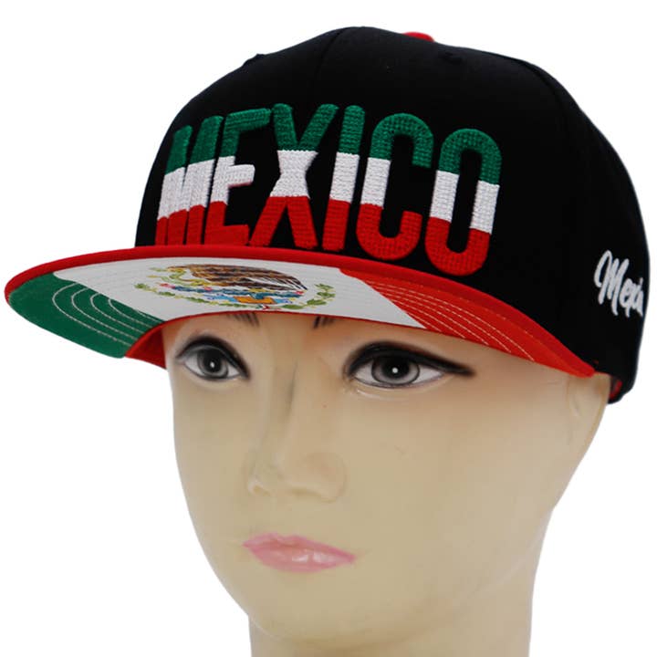 Cap Zone - Wholesale Flat Brim Cap - Unisex - Mexico Logo Chain Stitch Flag Under Bill Print Flat Snapback