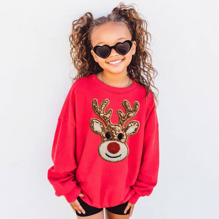 Blue Moon Apparel - Wholesale Sweatshirt - Kids - Faux Sequin Reindeer- Tee or Crew