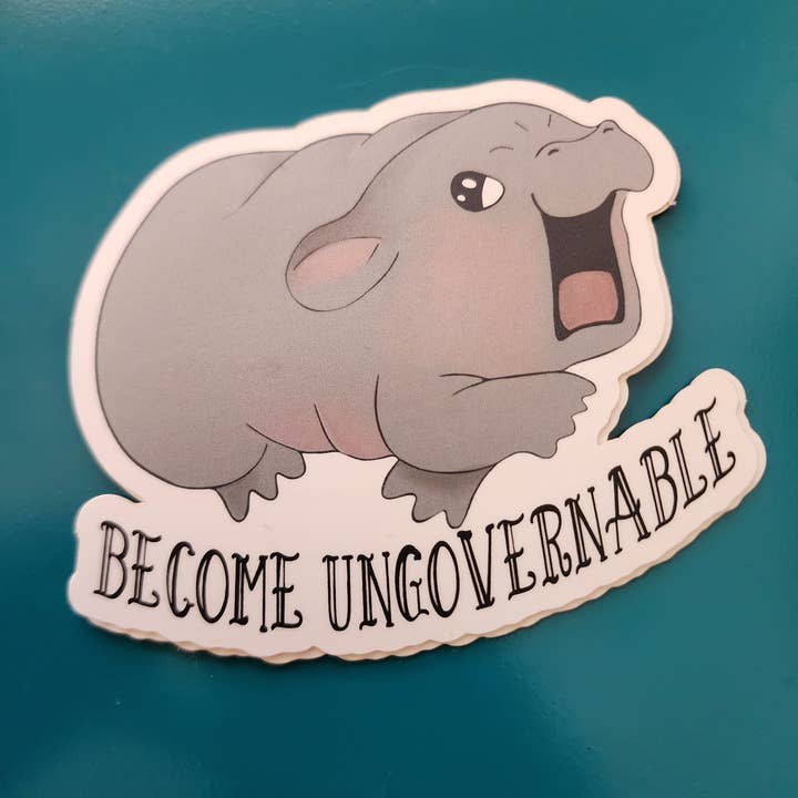 Devenez ingouvernable autocollant bébé hippopotame Moo Deng pour la vente par Jen Talley Design