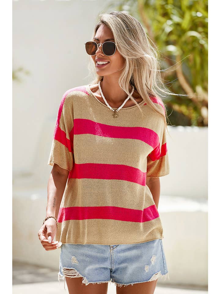 Pink LDC Stripe Colorblock Short Sleeve Crew Neck Sweater for wholesale on Faire