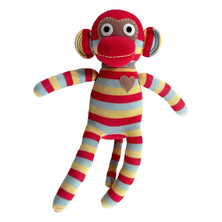 Peluche singe en chaussette midi rayée rouge et jaune pour la vente par HickUps