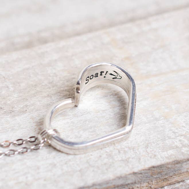 Soar! Silver Plate Heart Necklace Hand Stamped & Bent for wholesale by Junk Girls