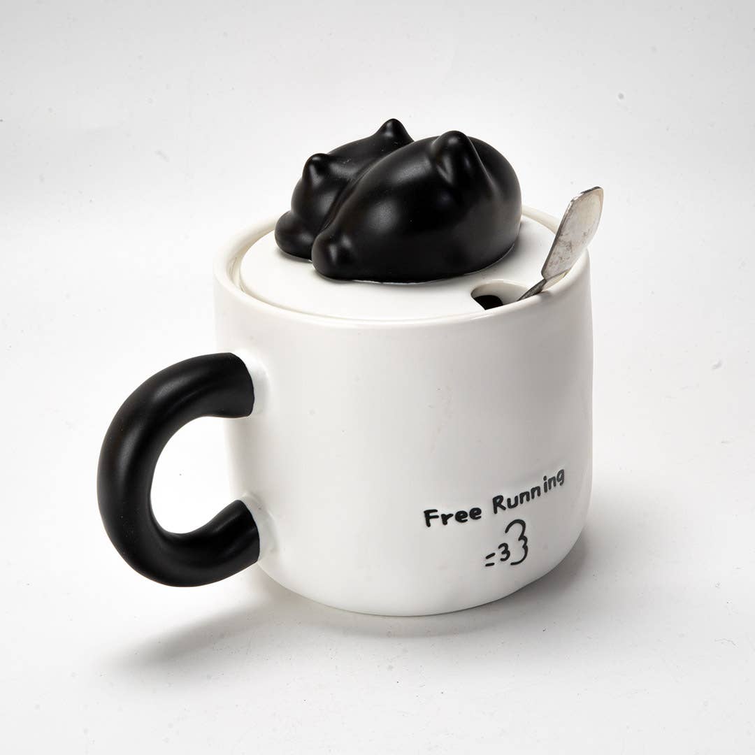 Urban Tokyo - Wholesale Coffee Mug - Black Cat 13oz Mug With Lid and Spoon (10/30)1