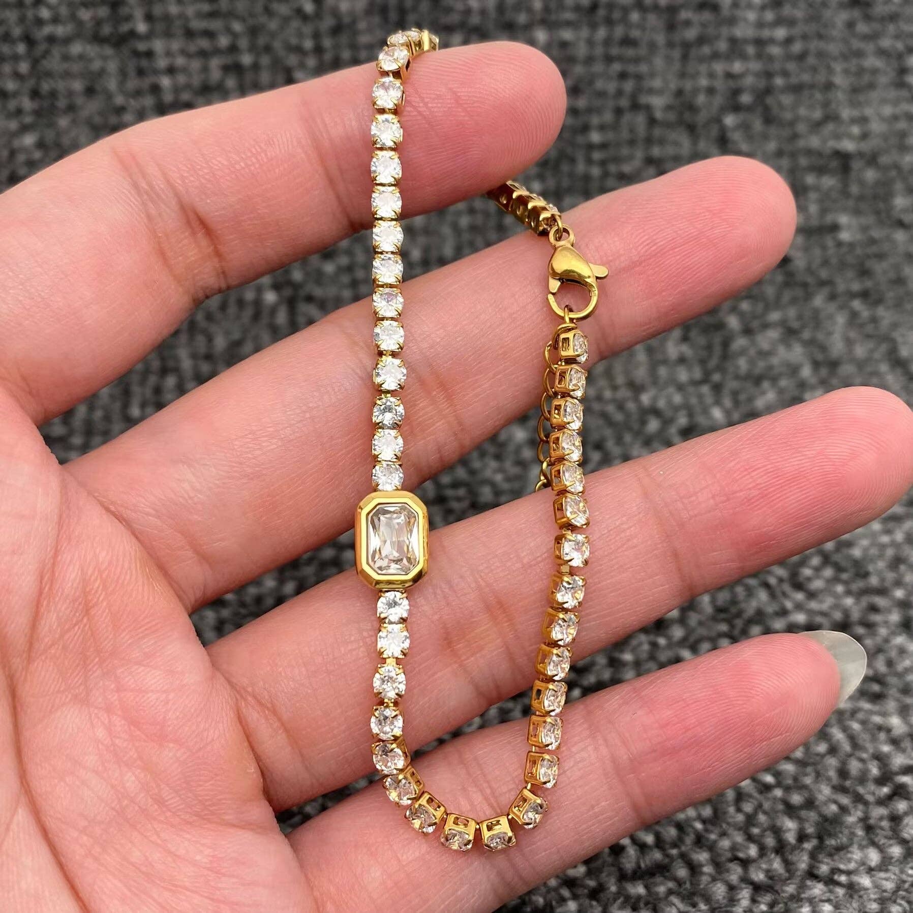 Mio Queena - Wholesale Link & Chain Bracelet - Full Zircon 3mm 18K Gold Plated Stainless Steel Bracelet-FGS1