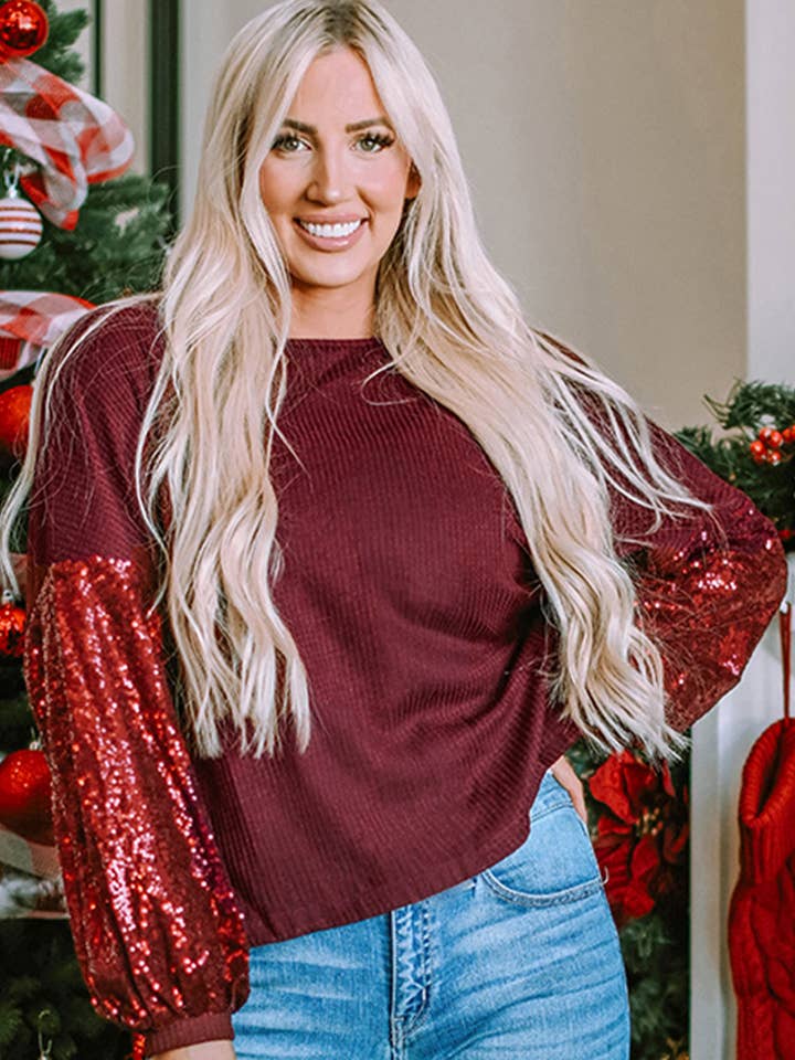 FASHION BLVD - Wholesale Knit Top - Women's - FB Sequin Waffle Patchwork Sleeve Open Back Top0