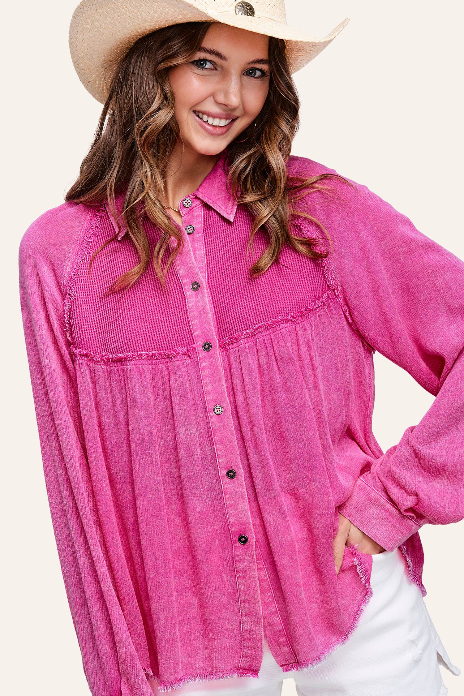 La Miel - Wholesale Button Down Shirt - Women's - SRT7802-Soft Washed Button Down Waffle Textured Gauze Shirts2