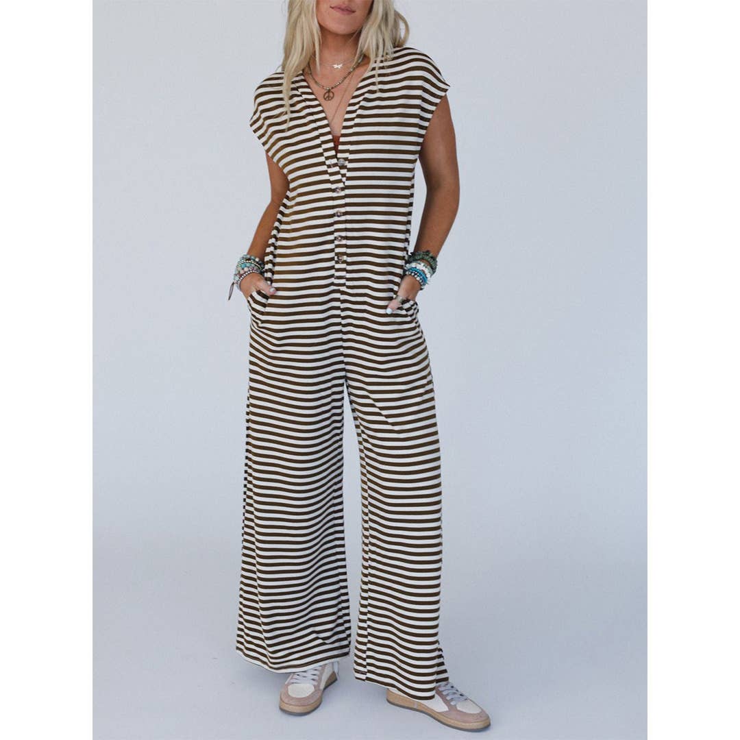 UNISHE - Wholesale Jumpsuit - Women's - Summer Knit Ribbed Striped Loose Sleeveless Jumpsuit CY1763