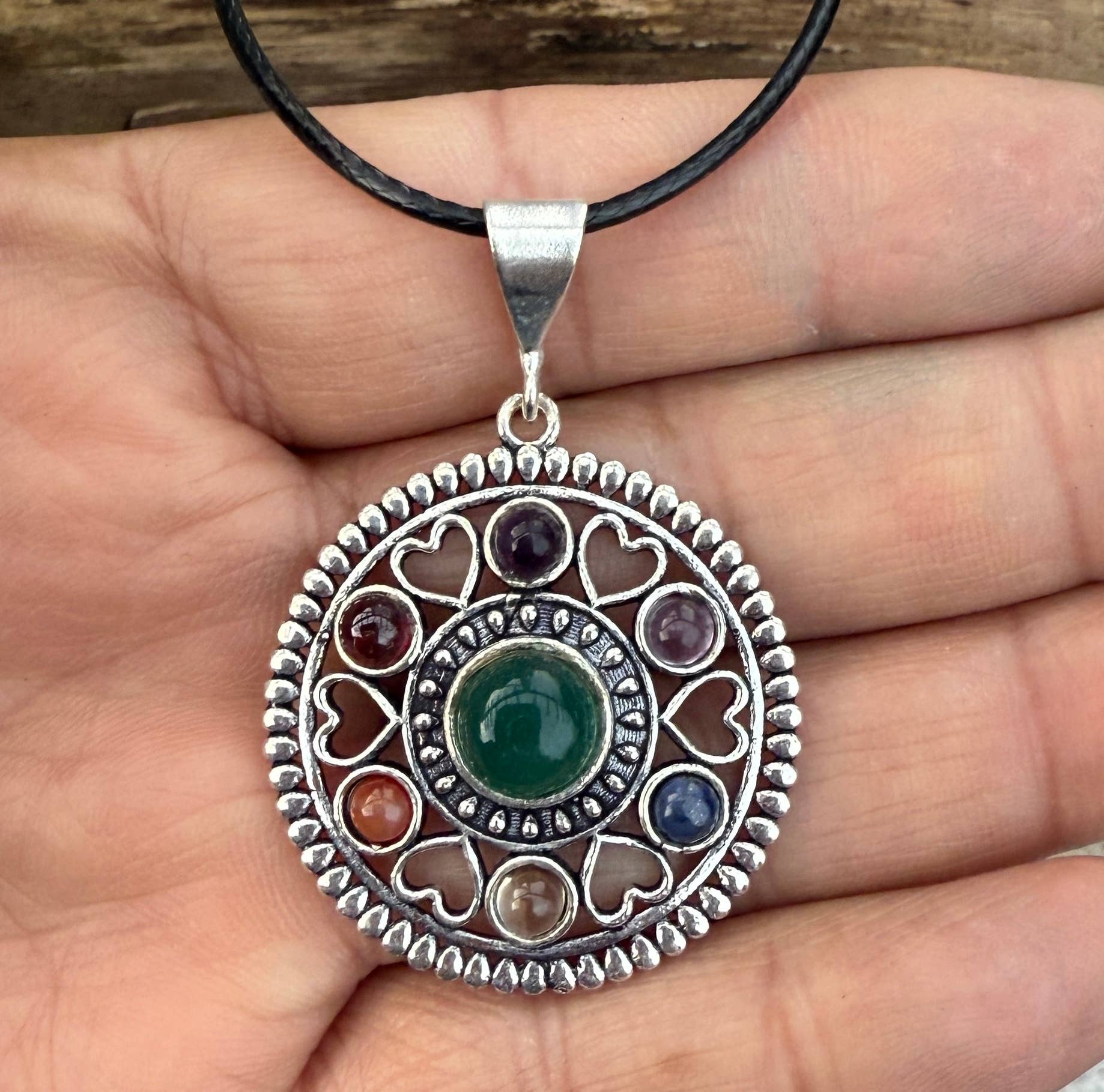 Lungta Imports - Wholesale Pendant/Charm Necklace - 7 Charka Stones Silver Pendant Meditation Yoga Jewelry2