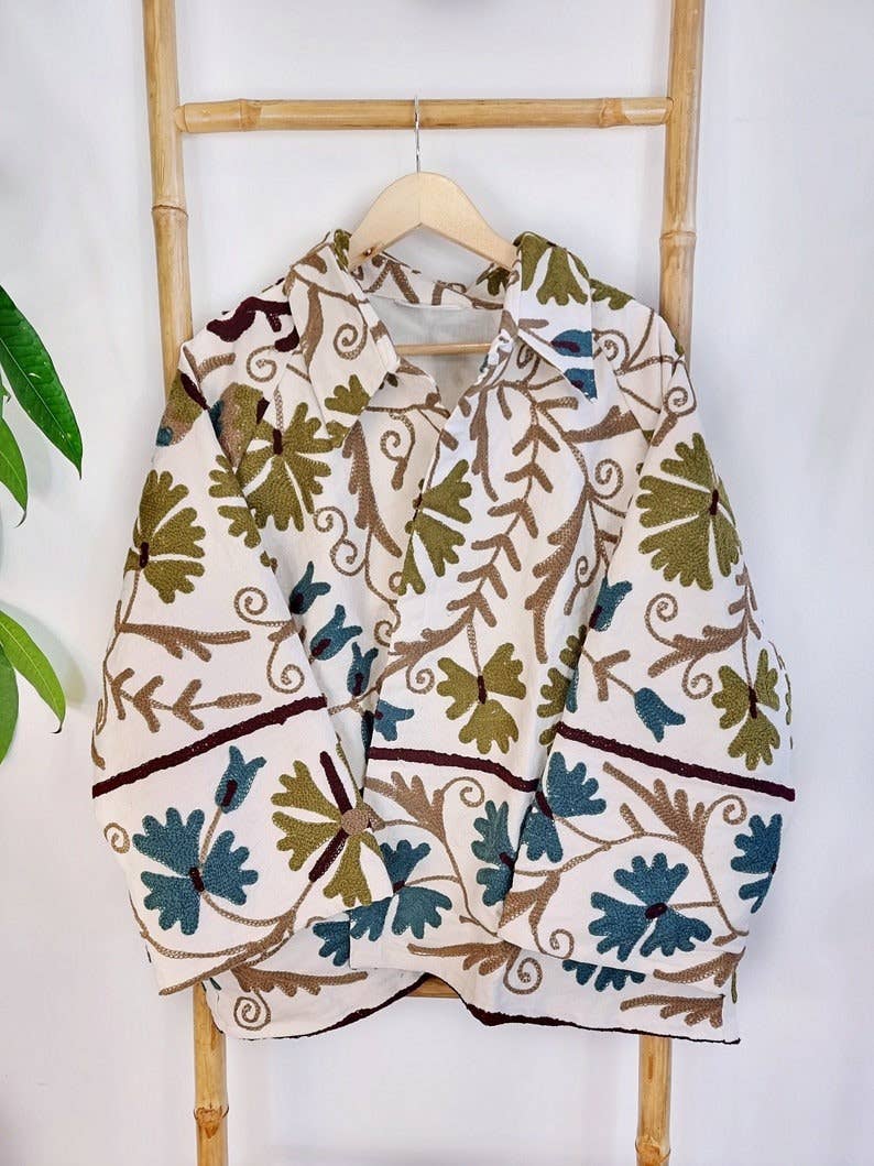Essential Designs London – wholesale Jacket – Women's – Suzani Hand Embroidered Short Jacket | Autumn Winter Boho Uzbek Kashmir Crewel | Christmas Special Gift | Classic ElegantWhite Olive Teal6