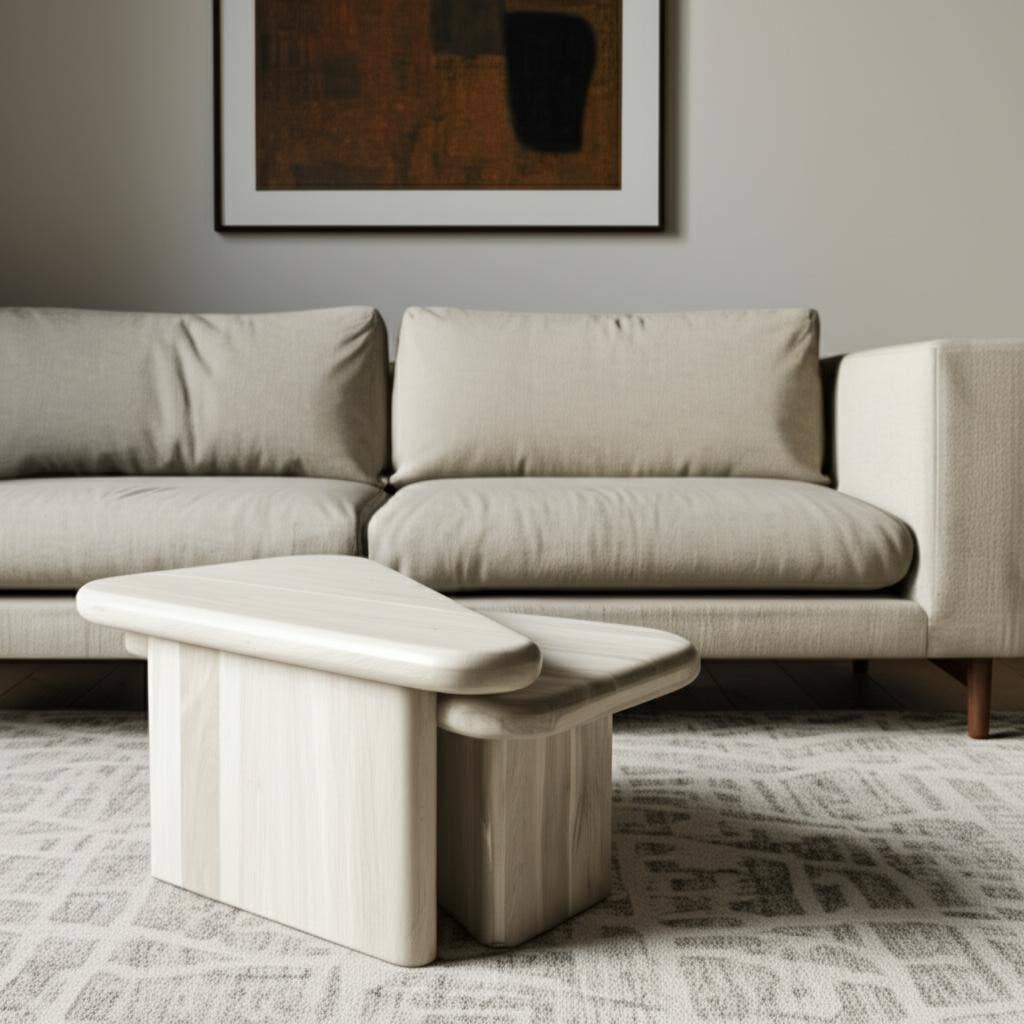 HomeRoots – Engroshandel Sofabord – Sæt med to naturlige solide træ trekantede piedestal indskudte sofaborde1