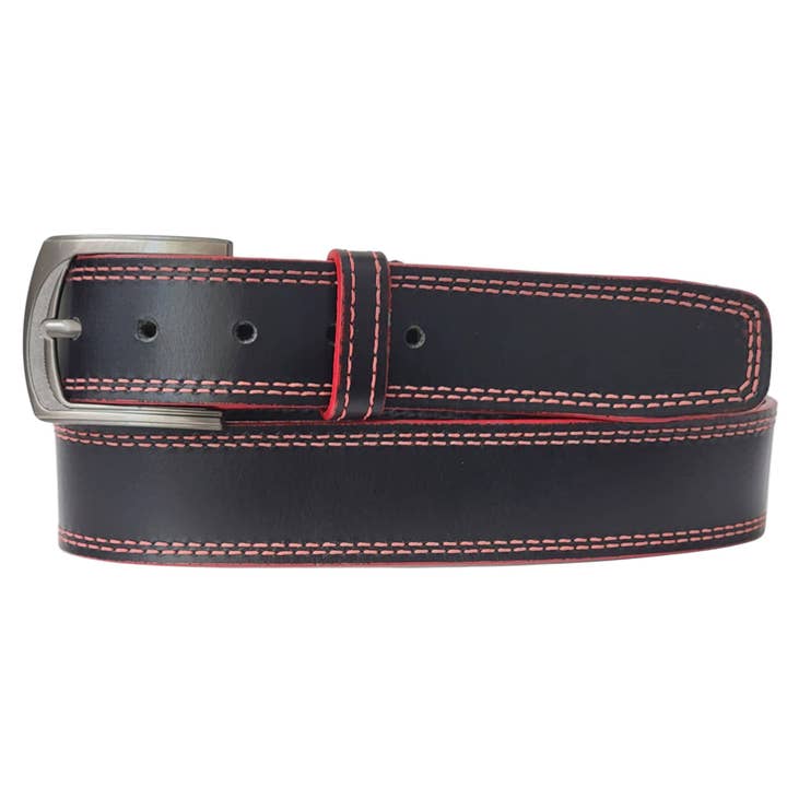 The Diablo Belt - Zwarte volnerflederen riem met rode stip voor wholesale door NAB LEATHER