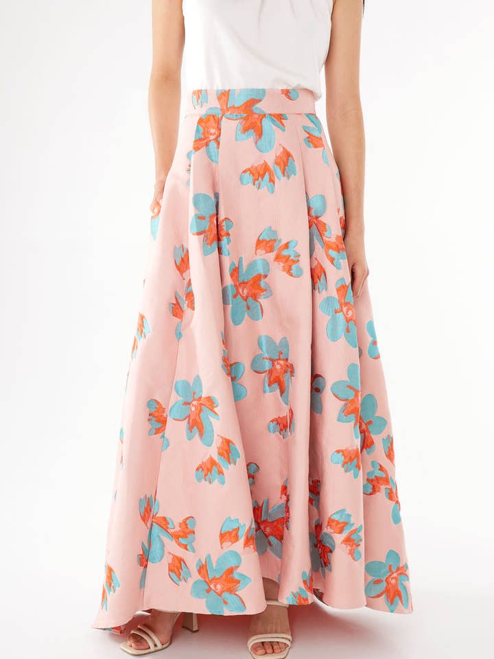 Olivia Skirt Pink Plumeria Jacquard for wholesale by Abbey Glass