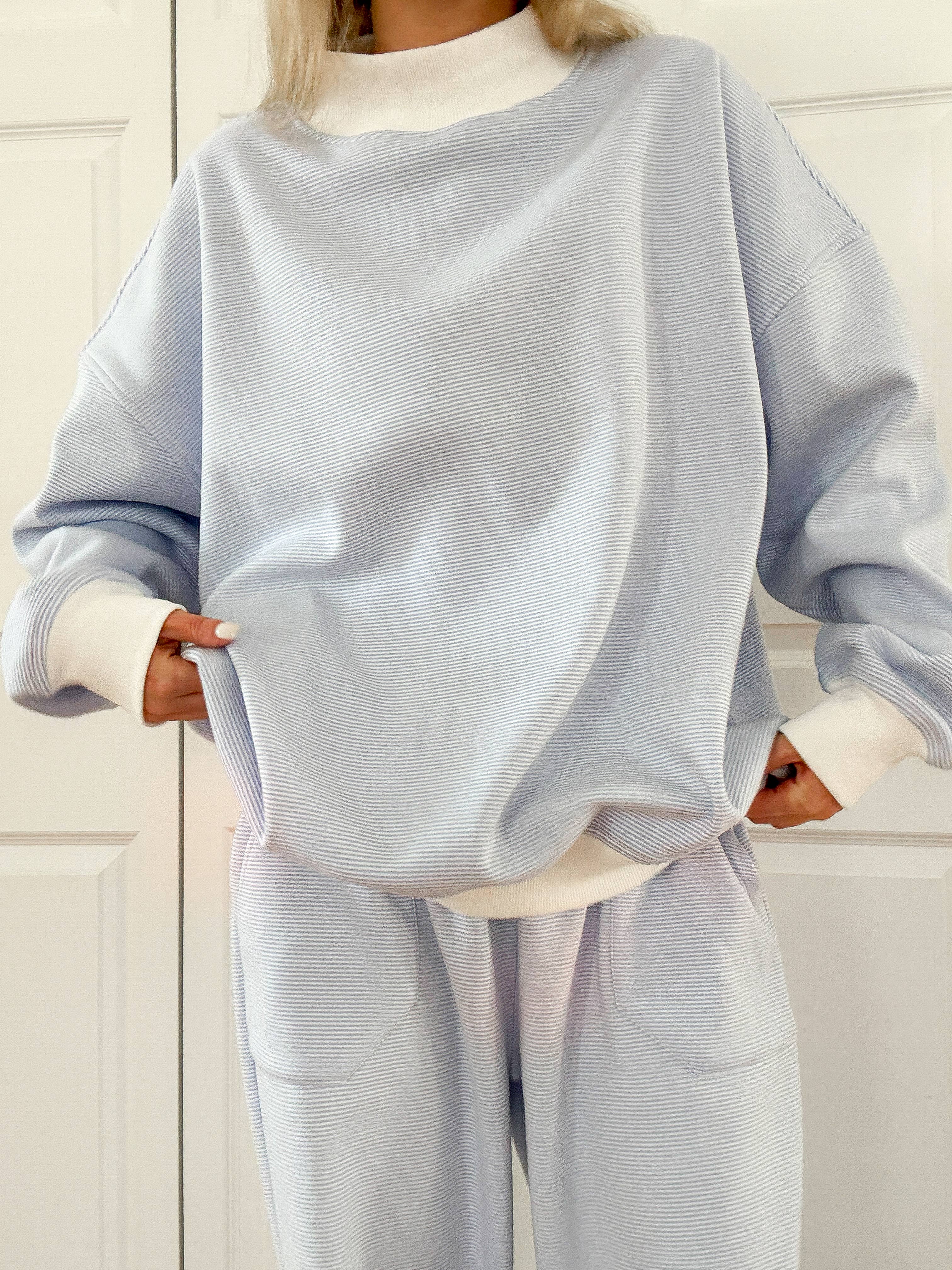 Blue and White Mini Striped Mockneck Sweatshirt for wholesale on Faire7