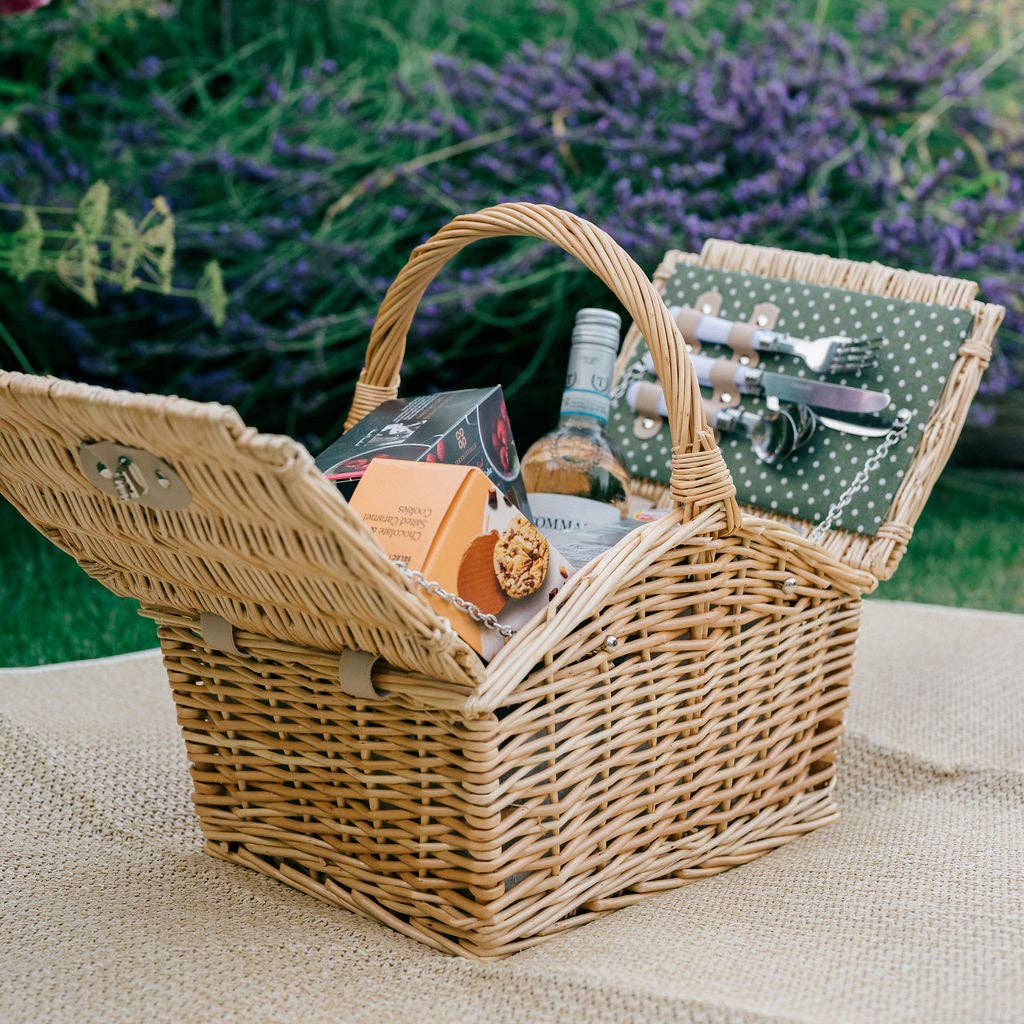 Arthur Cameron - Wholesale Picnic Basket - 2 Person Natural Wicker Green Polka Dot Picnic Basket0