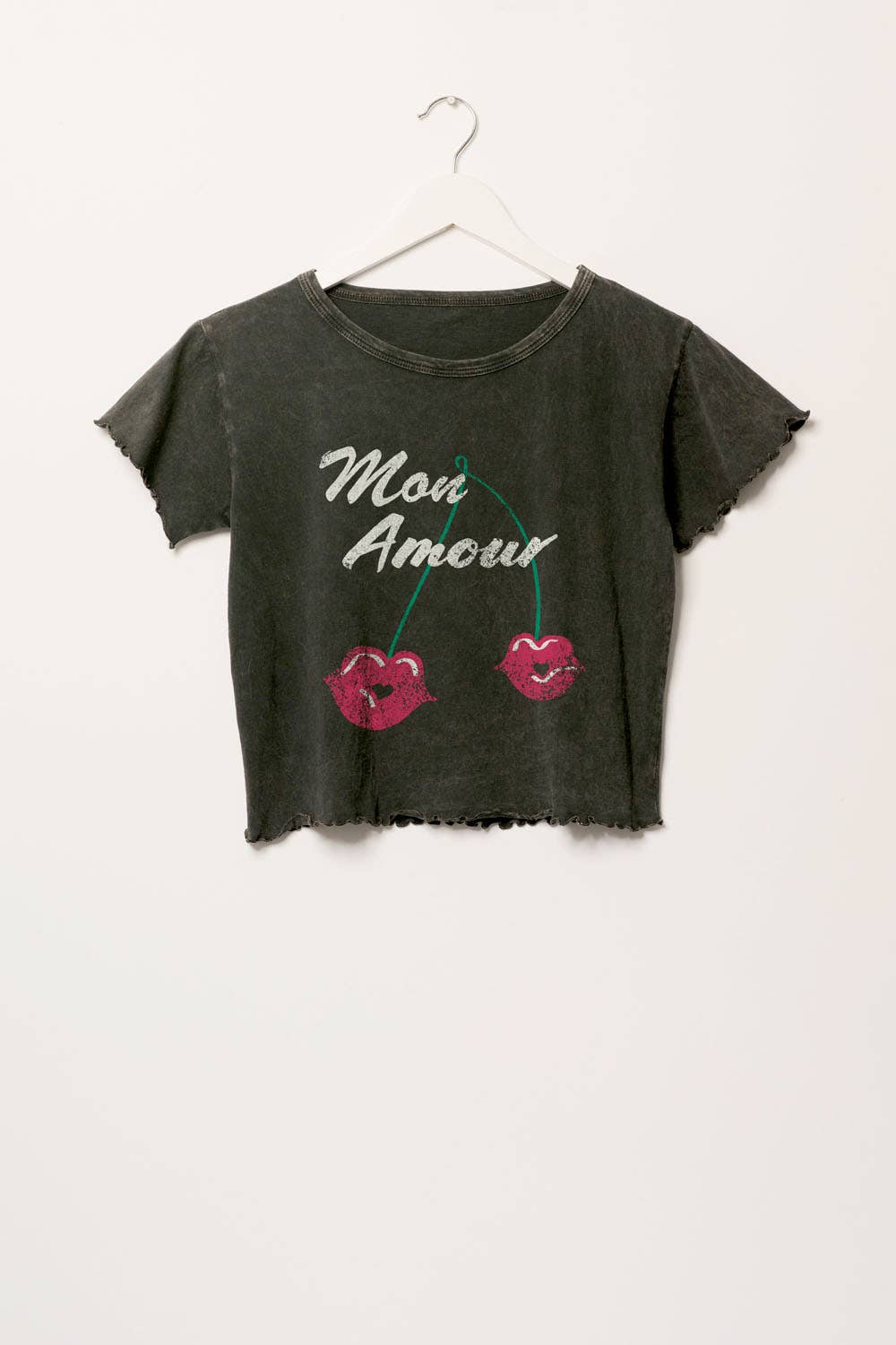 CHARCOAL Mon Amour Round Neck Lettuce Edge Graphic Tee for wholesale on Faire0