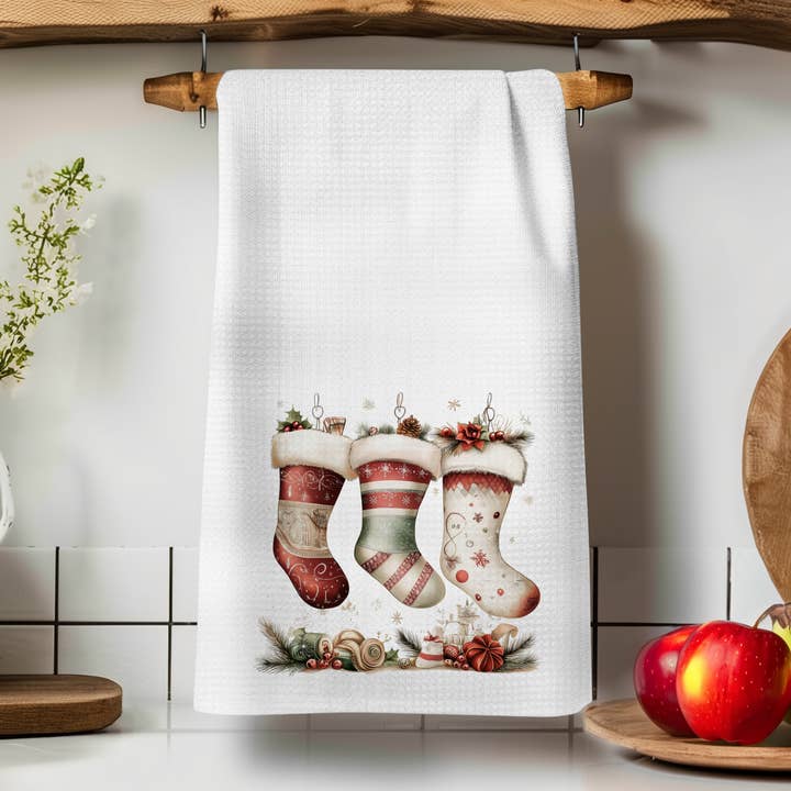 Christmas Stocking Hand Towel: Holiday Kitchen Decor, Waffle for wholesale by Fernville Creations