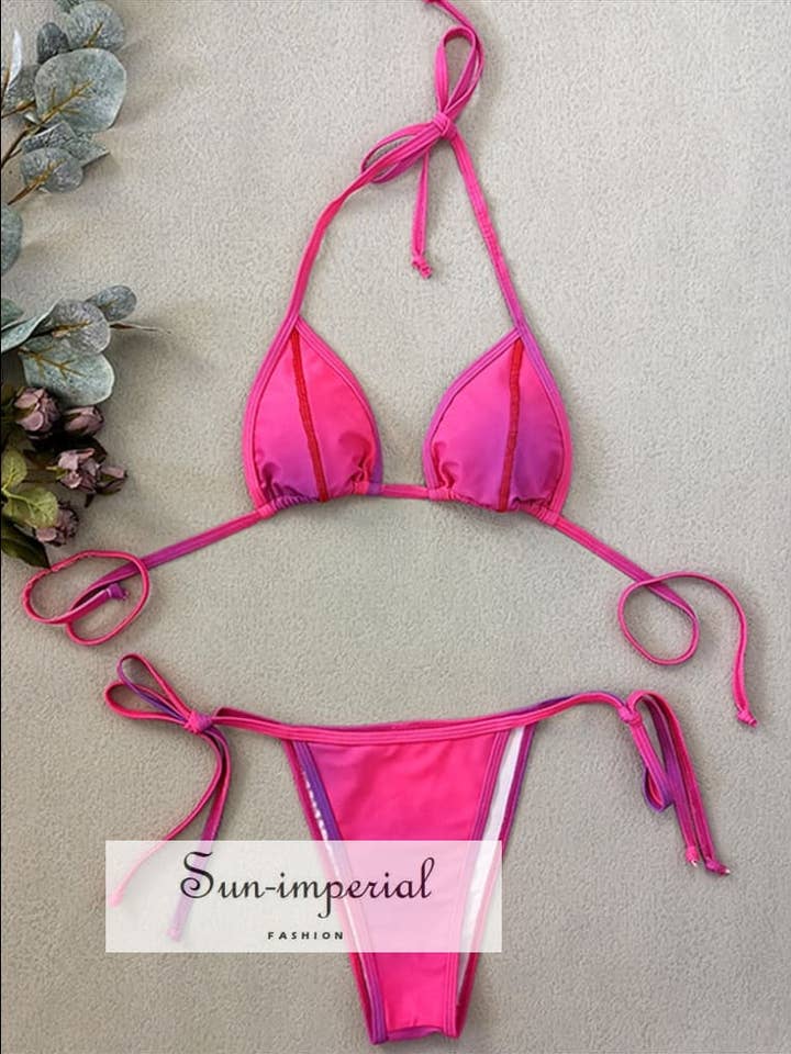 Kvinder Hot Pink Ombre Halter Bikini 2 Stykke Sæt Med Rød for engroshandel hos Sun Imperial