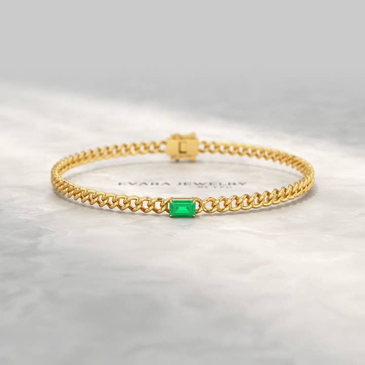 Natural Emerald Cuban Chain Link Statement Bracelet in 14K Yellow Gold for wholesale by Evara Jewelry