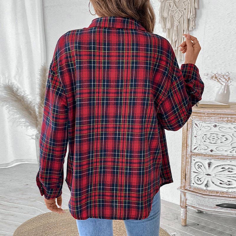 Red Spring and autumn retro lapel plaid shirt women's jacket for wholesale on Faire6